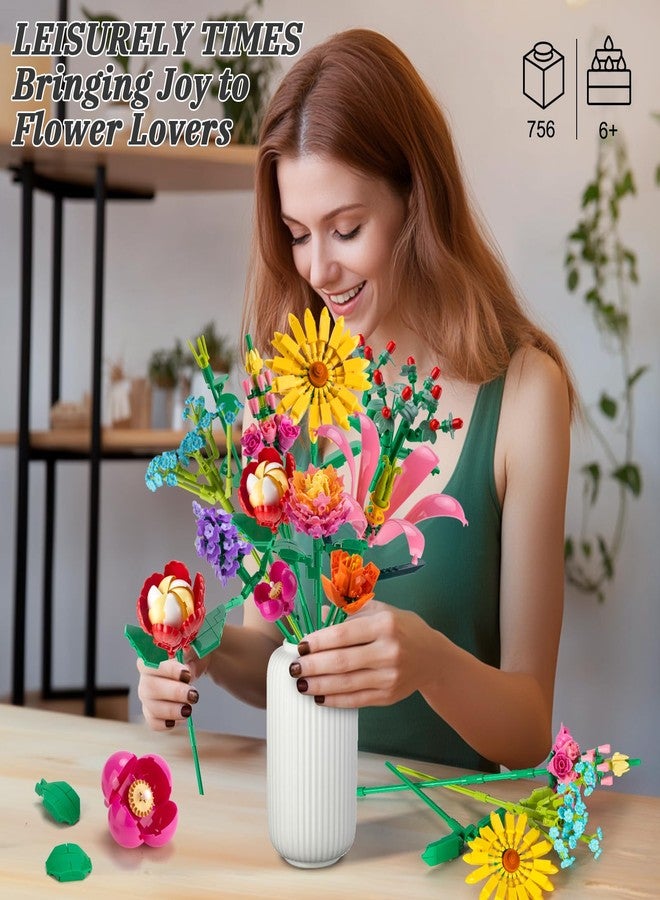 Linkowin 756 PCS Flower Bouquet Building Sets - 11 Kinds of Building Block Flowers, Botanical Collection Crafts Set for Home Office Decoration, Valentines Day for Adults Girl, No Vase - Image 3